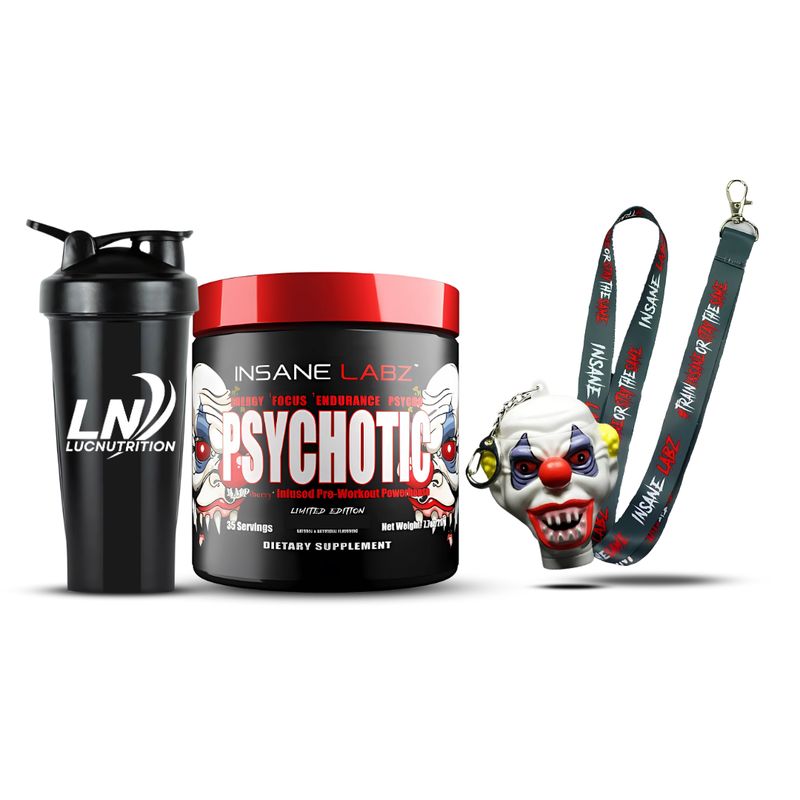 INSANE LABZ - Psychotic Red 35 servicios - Fruit Punch + Shaker + Portaproteina Insane Labz + Lanyard Insane Labz