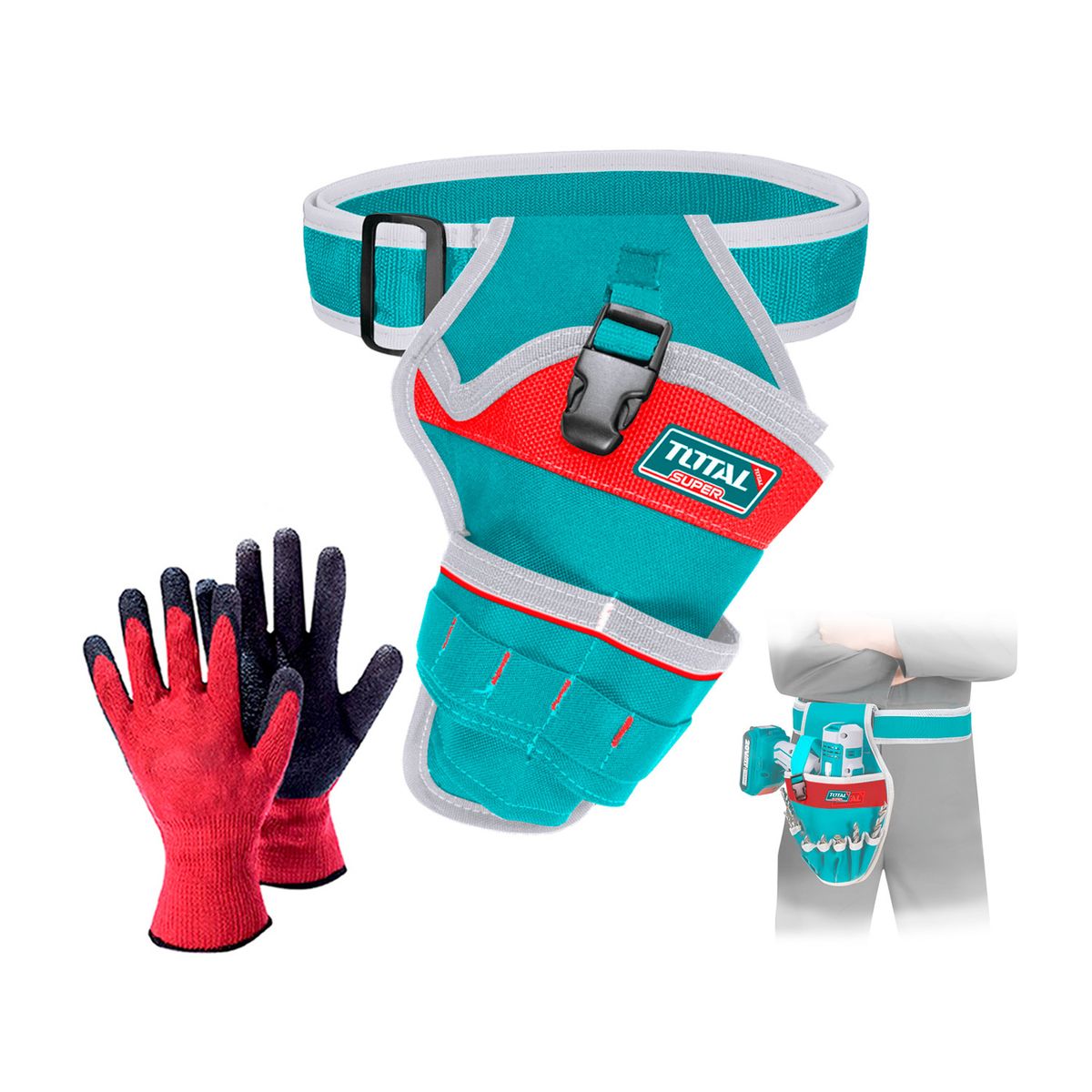 TOTAL TOOLS - Porta Taladro Correa Bolsillo 16d 8kg + Guantes Total
