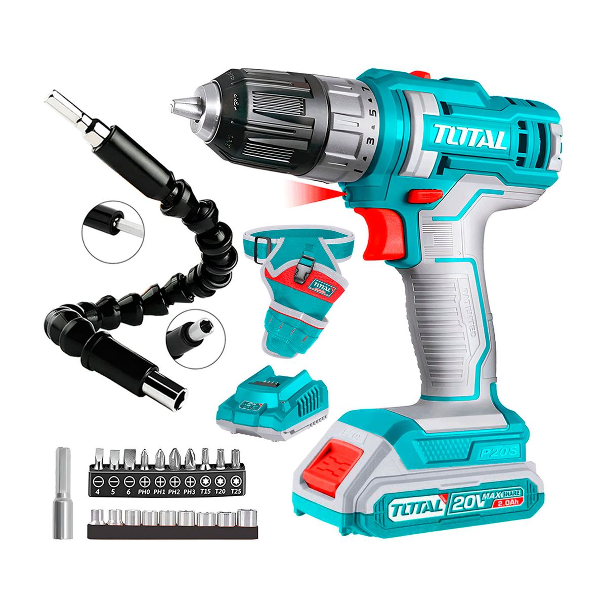 Total Tools - Taladro Atornillador Inalámbrico 20v + Porta Taladro 21 Accesorios