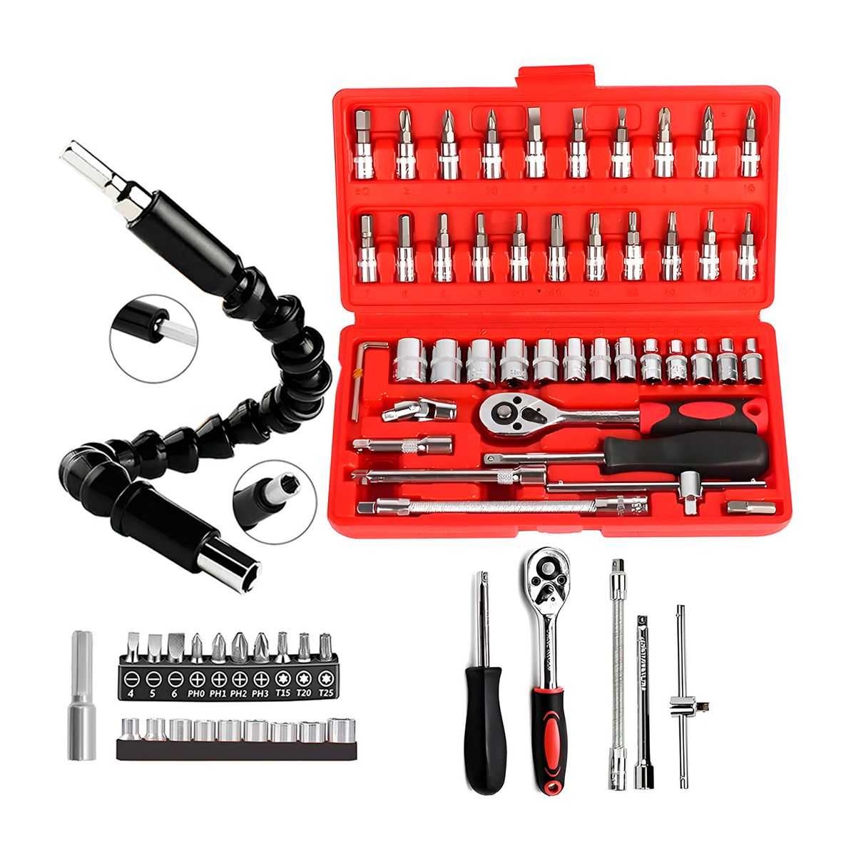 GENERICO - Juego Dados Puntas 1/4 46 Piezas Multiuso Acero Maleta+ 21 piezas