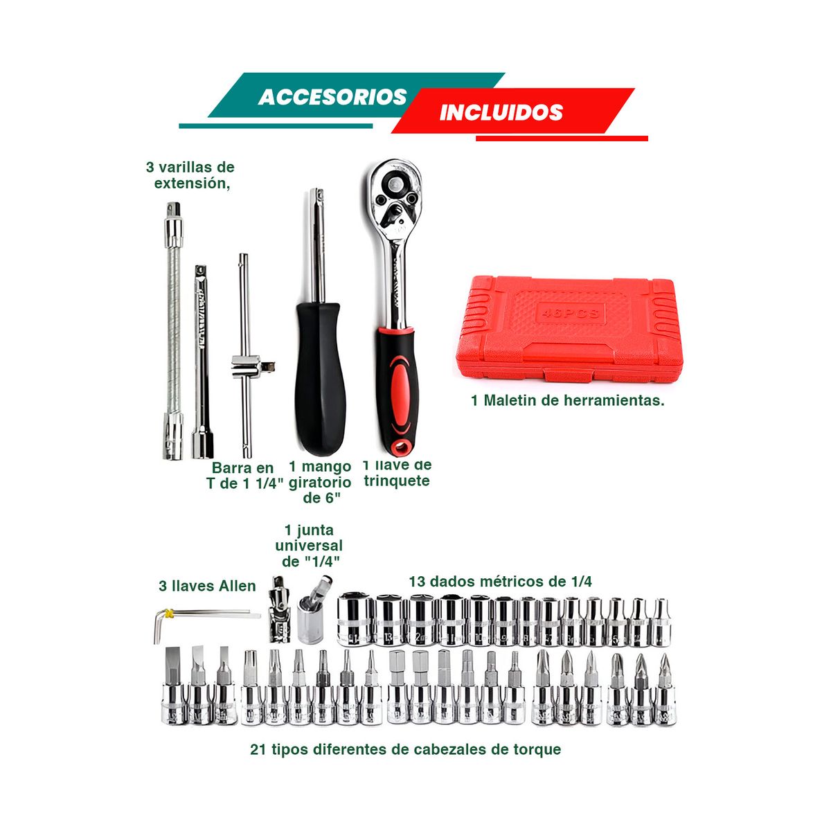 GENERICO - Juego Dados Cubo Puntas 1/4 46 Piezas Multiuso Acero Maleta