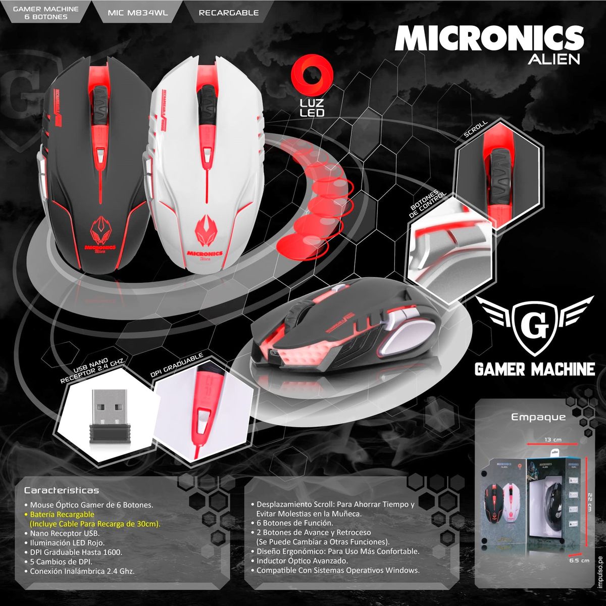 MICRONICS - Mouse Gamer LED InalámbricoRecargable 6B 1600DPI Micronics AlienM834WL