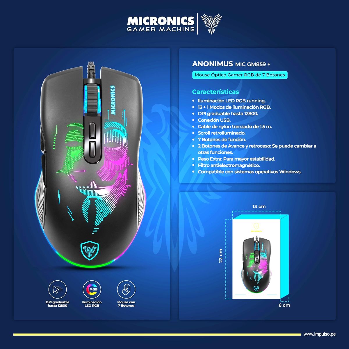 MICRONICS - Mouse Gamer RGB 7B 12800DPI Negro Micronics Anonimus MIC GM859