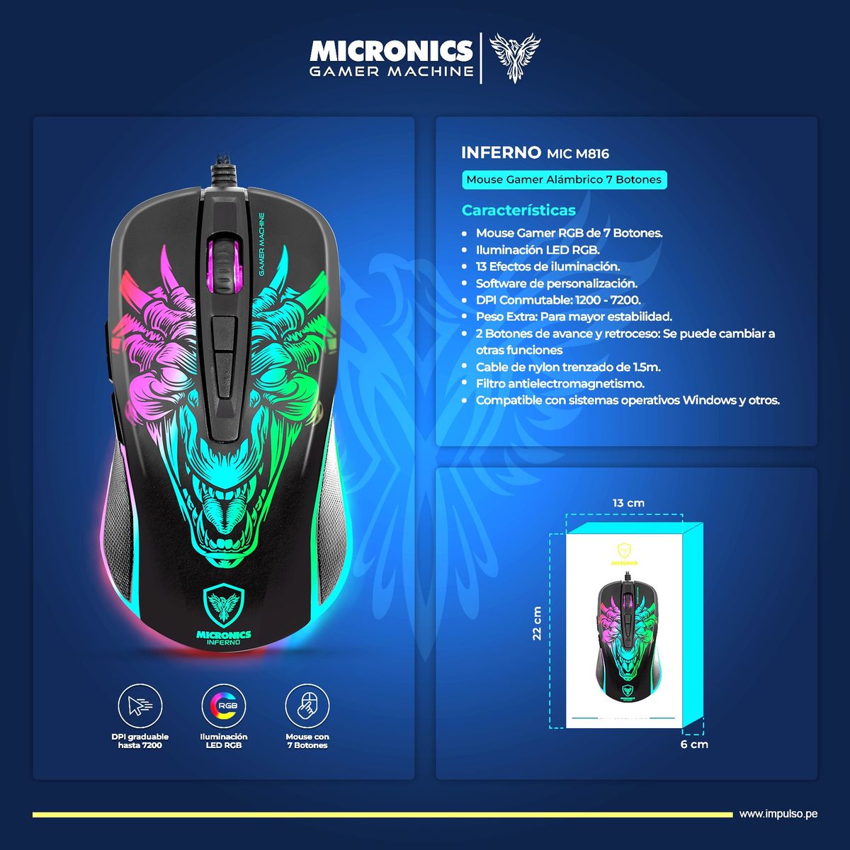 MICRONICS - Mouse Gamer RGB 7B 7200DPI Micronics Inferno MIC M816