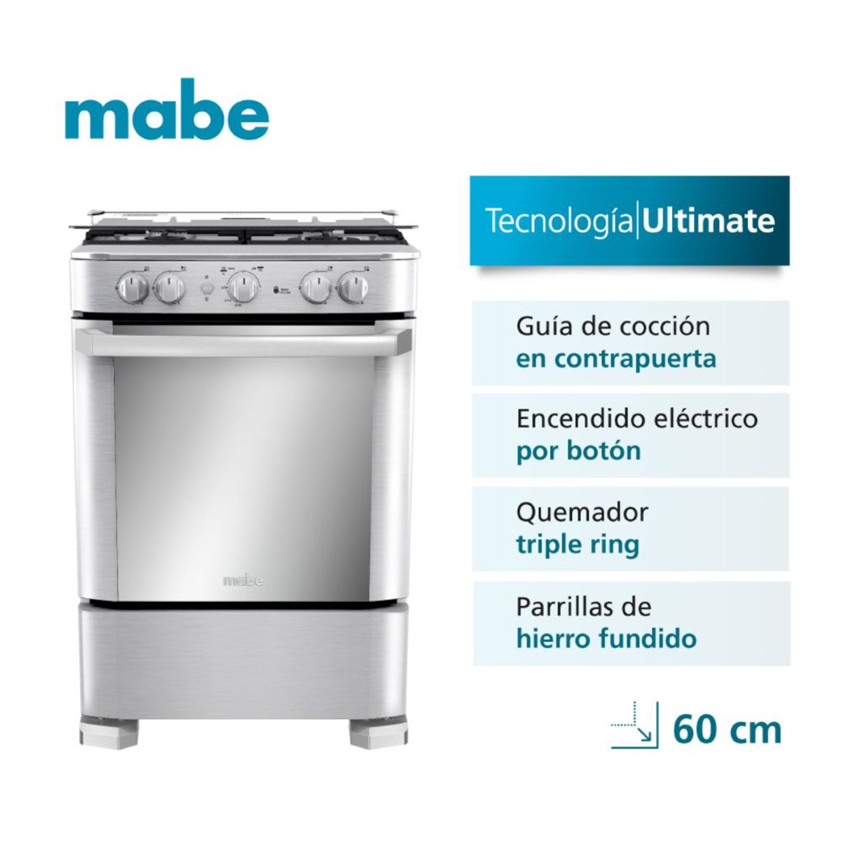 Mabe - Cocina a gas Mabe CMP6060FX1 24" 4 hornillas Inox