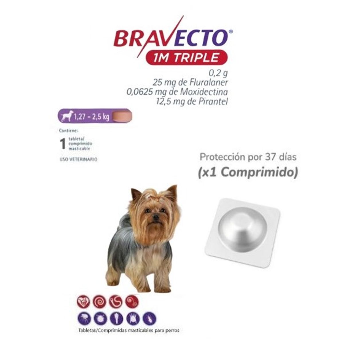 BRAVECTO - Antipulga Bravecto 1.27- 2.5KG x 1 Tab Protección Mensual