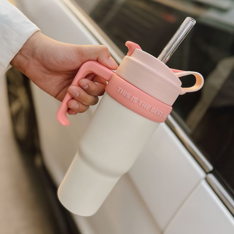 GENERICO - Vaso Térmico 900ml con Asa Bombilla y Tapa Antiderrame Rosado