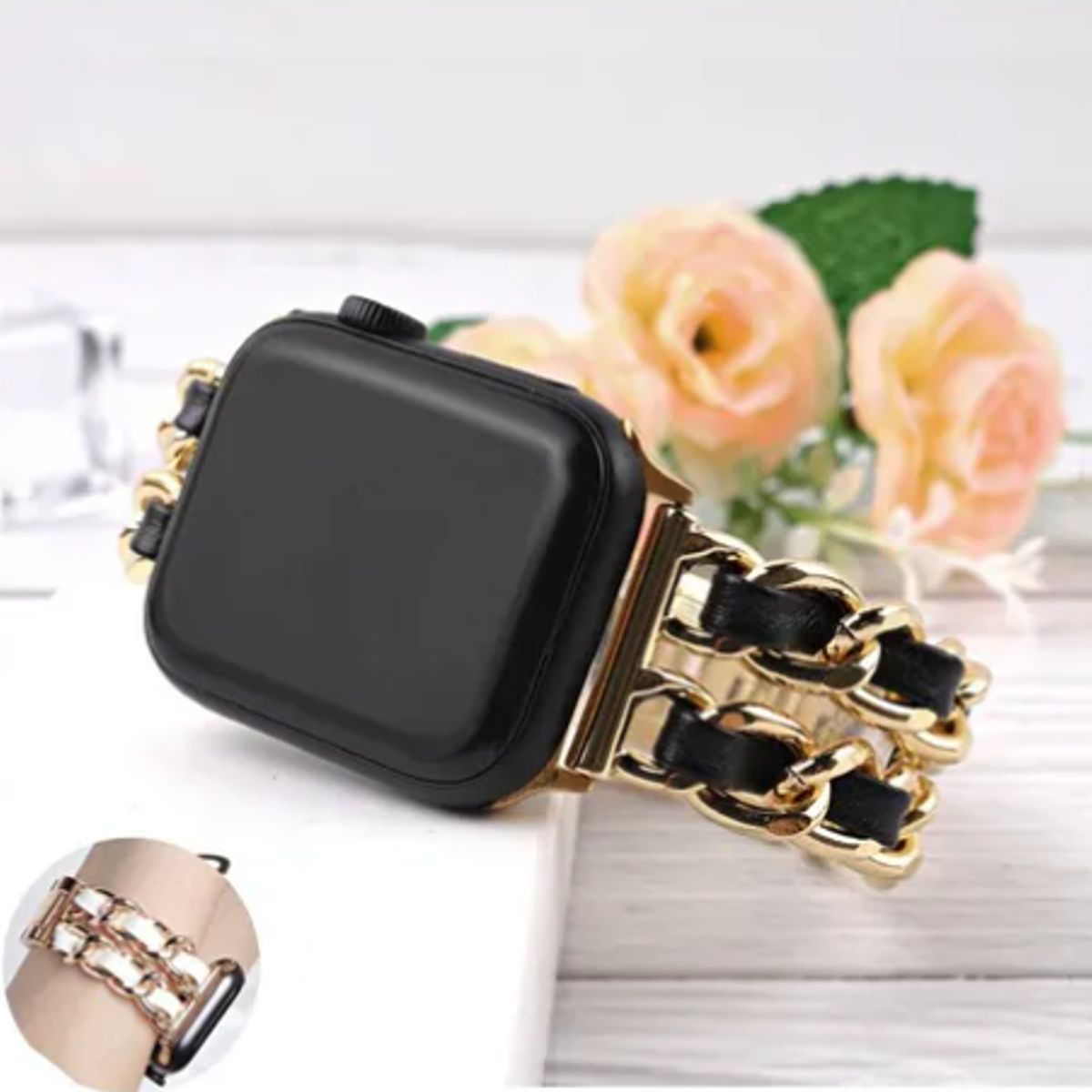 GENERICO - Correa Cuero y Acero para Apple Watch 44mm  ORO-NEGRO