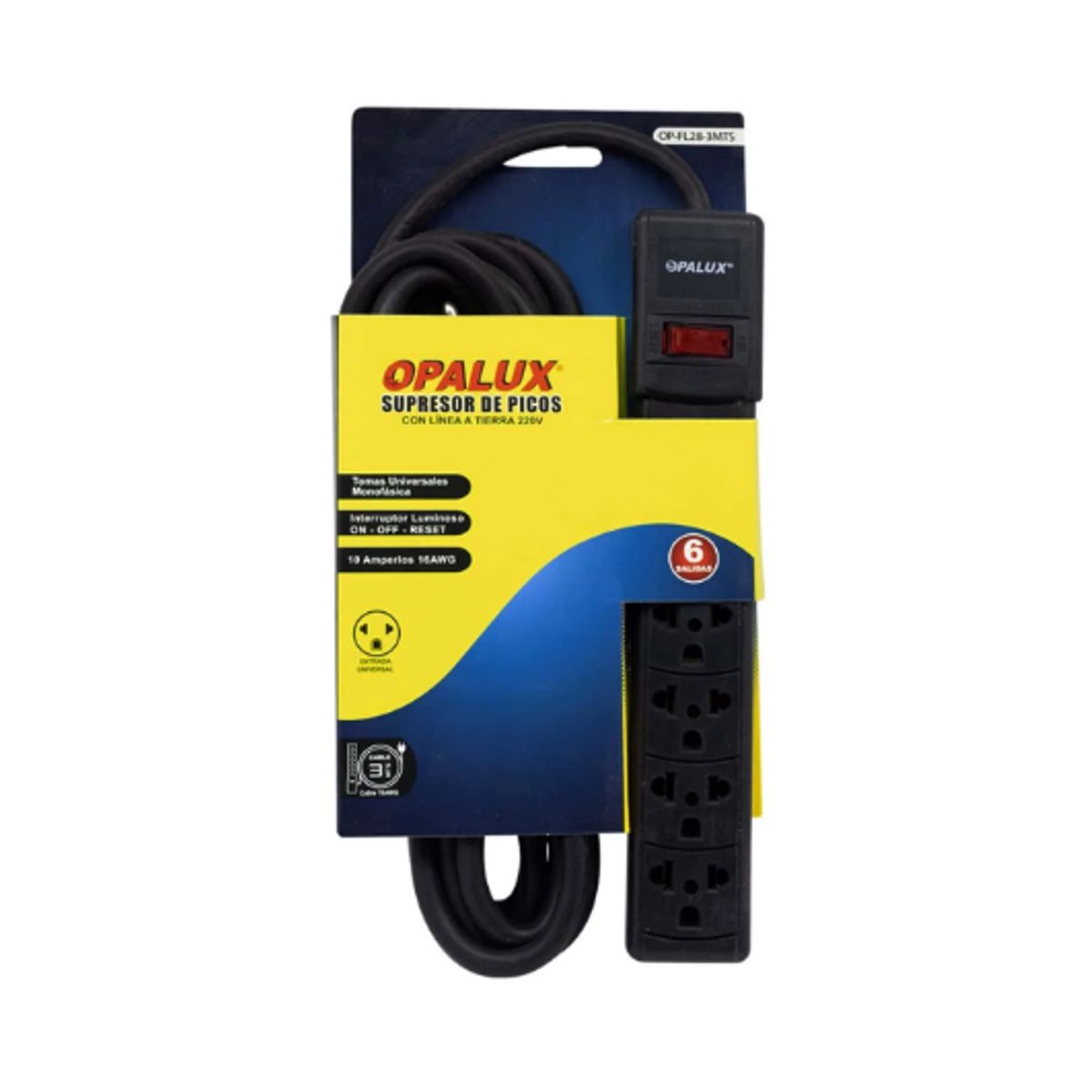 OPALUX - Extensión Universal Vulcanizada 6 Salidas 3Mts OP-FL28-3MTS OPALUX