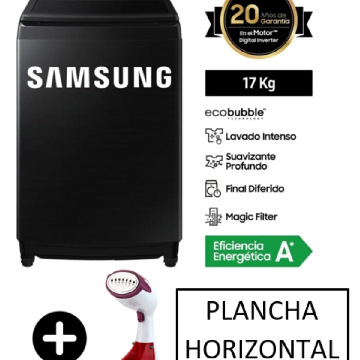 SAMSUNG - Lavadora Samsung 17 Kg EcoBubble Carga Superior WA17CG6441BVPE Negro