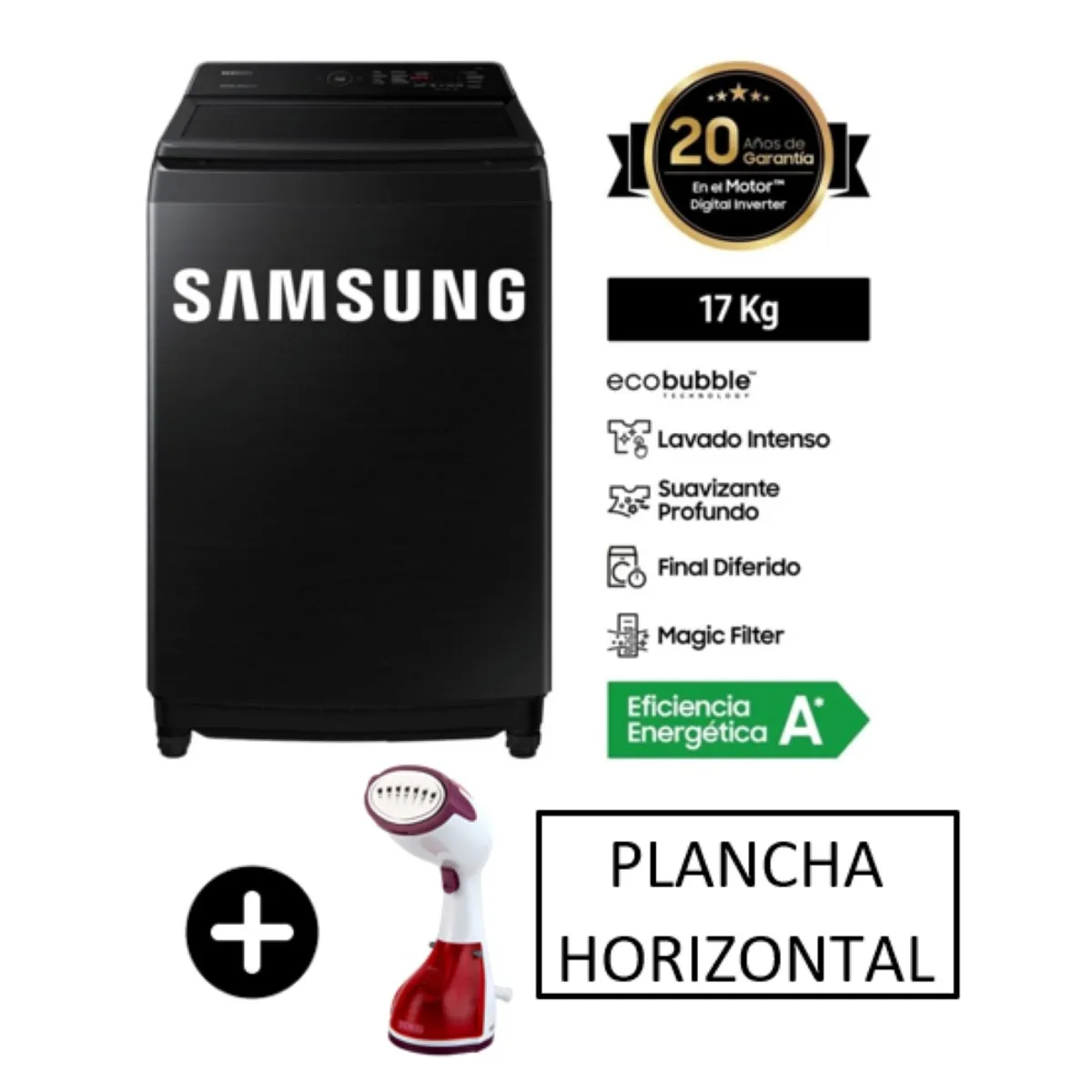 SAMSUNG - Lavadora Samsung 17 Kg EcoBubble Carga Superior WA17CG6441BVPE Negro