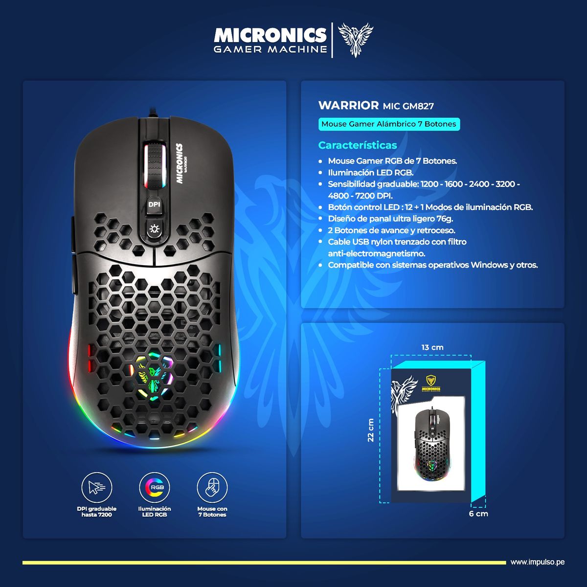 MICRONICS - Mouse Gamer RGB 7B 7200DPI Micronics Warrior MIC GM827
