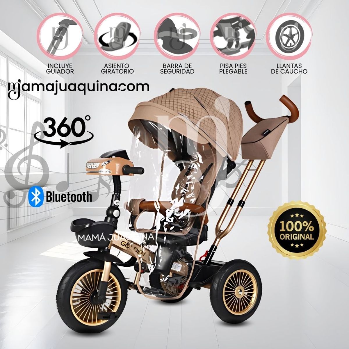 VOYAGE - Triciclo Guiador 3 En 1 «GOLDEN PRIME» con Bluetooth Beige