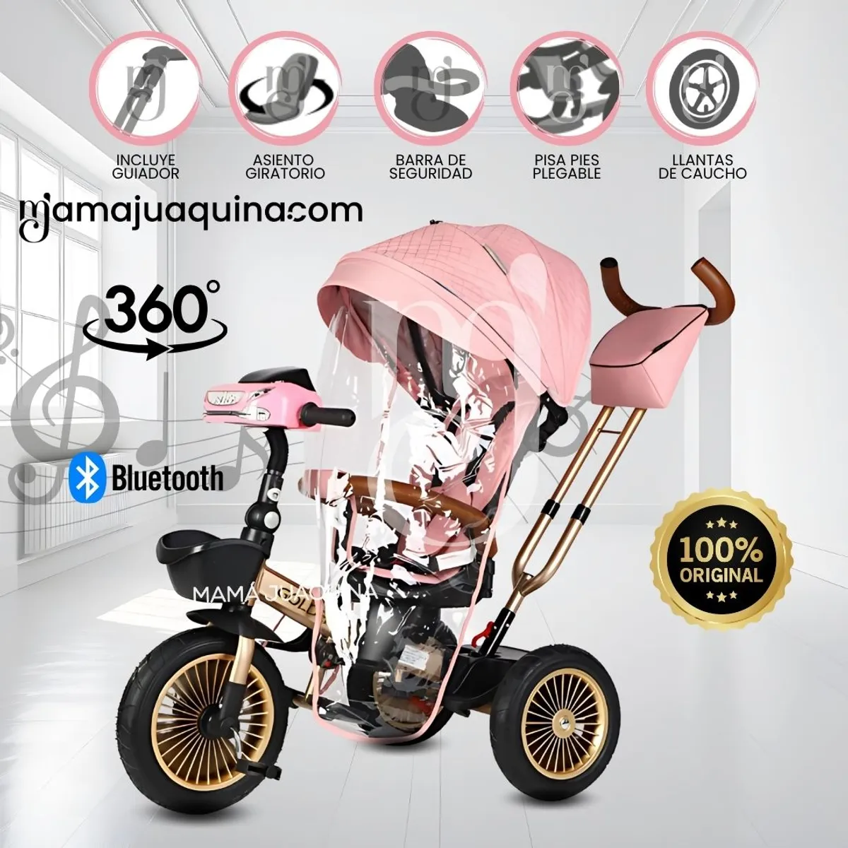 VOYAGE - Triciclo Guiador 3 En 1 «GOLDEN PRIME» con Bluetooth Pink