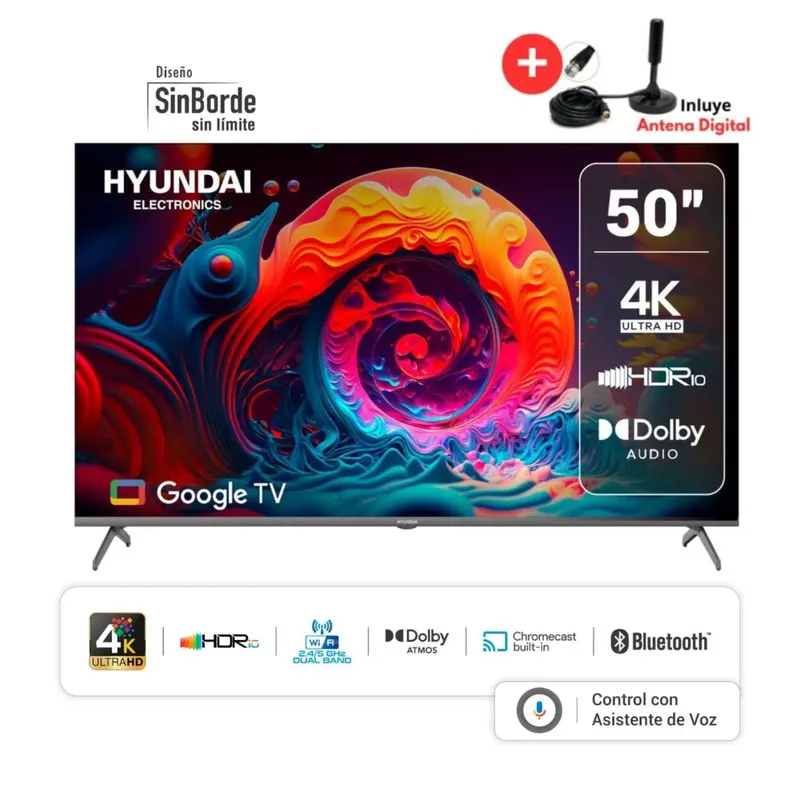 HYUNDAI - TELEVISOR HYUNDAI 50 HYLED5024G 4K UHD GOOGLE TV + Antena Digital