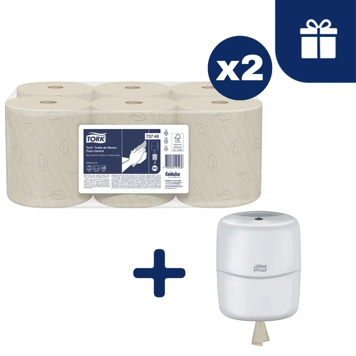 TORK - Papel Toalla Precortada Hoja Doble Tork Natural 12 x 120 mts + Dispensador