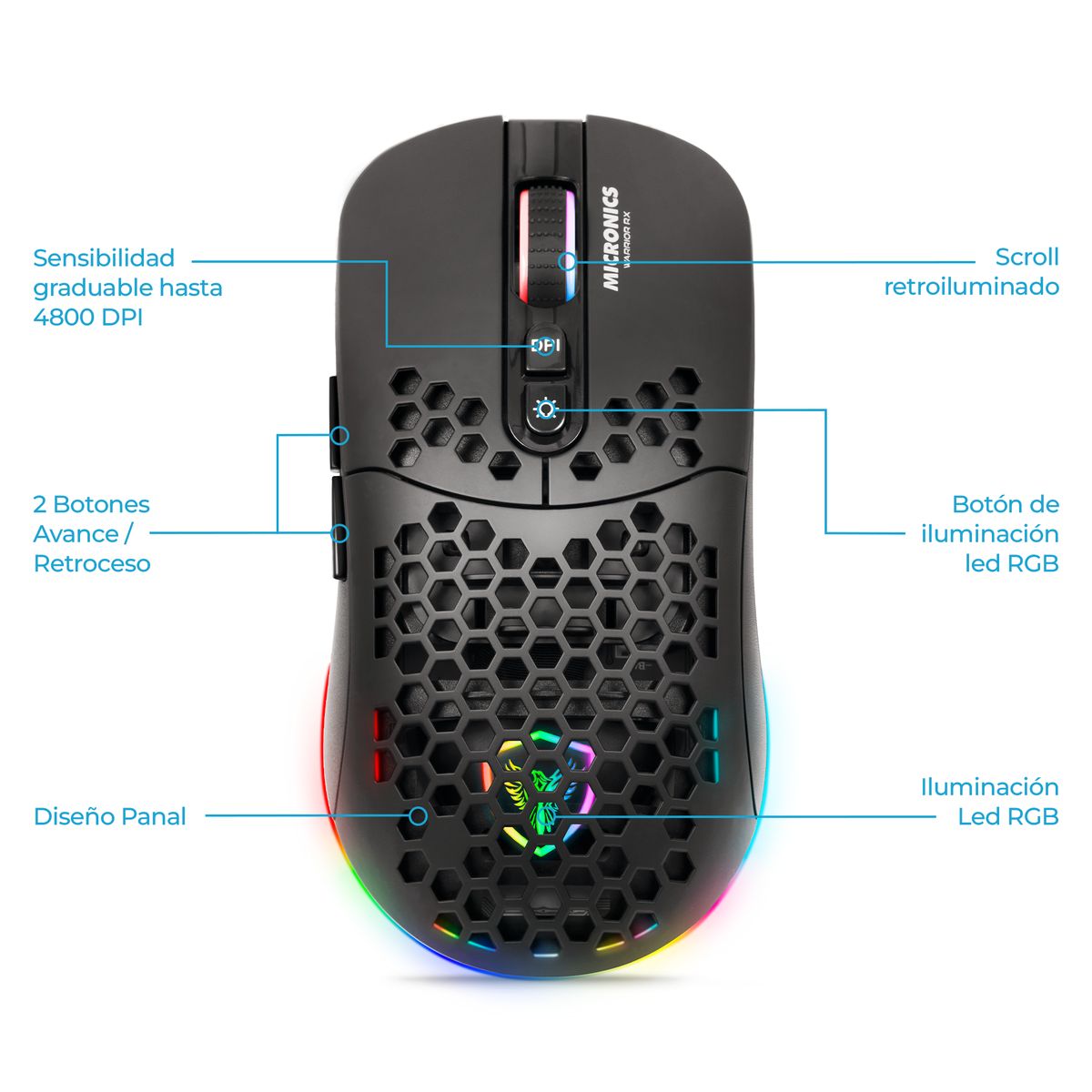 MICRONICS - Mouse Gamer LED Inalámbrico 1600DPI Micronics Warrior RX MIC GM828RX