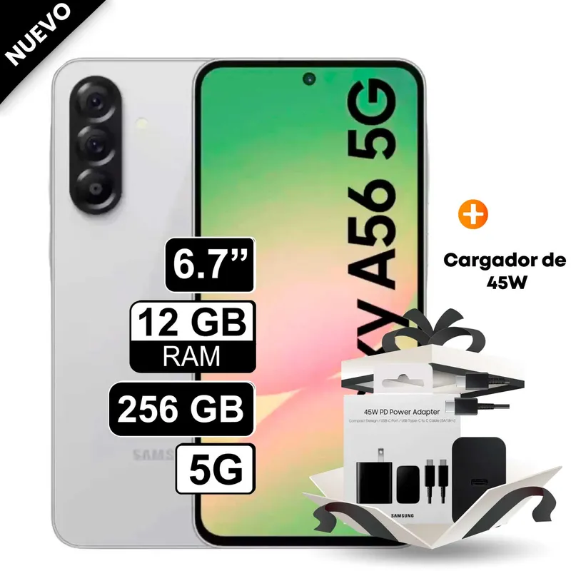 SAMSUNG - Celular Samsung Galaxy A56 5G 256GB 12GB RAM cámara 50MP frontal 12MP 67 Blanco + Cargador 45W