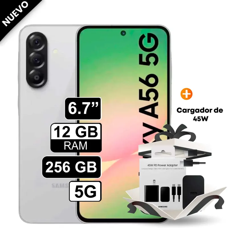 SAMSUNG - Celular Samsung Galaxy A56 5G 256GB 12GB RAM cámara 50MP frontal 12MP 67 Blanco + Cargador de 45W