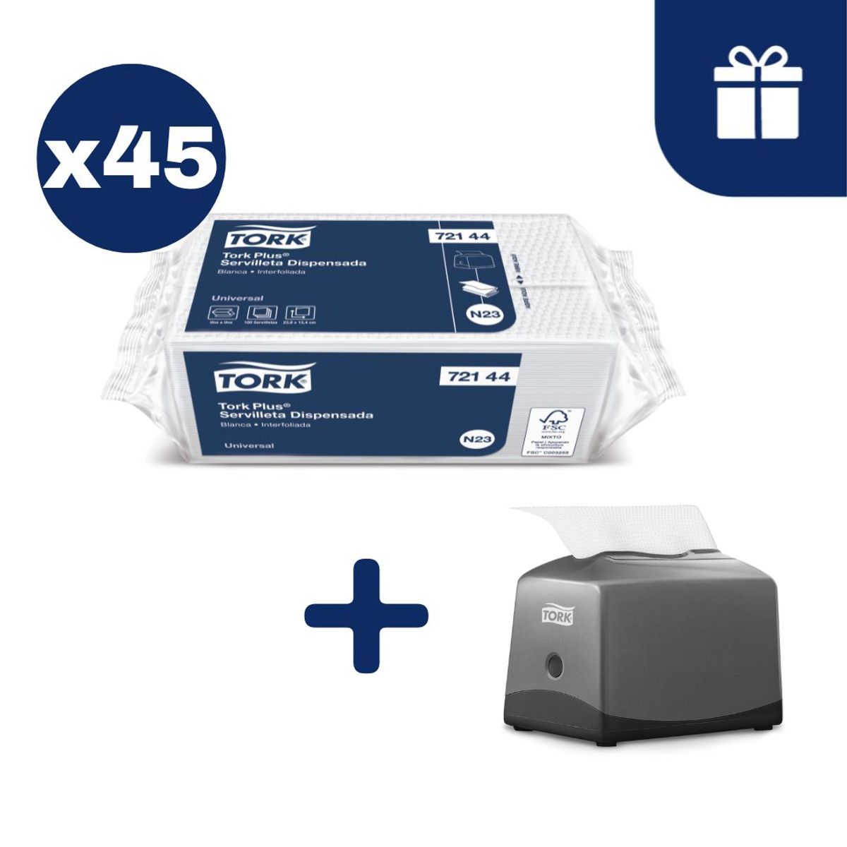 TORK - Servilleta Plus Tork Hoja Simple Blanca 45 paq x 100un + Dispensador Gratis