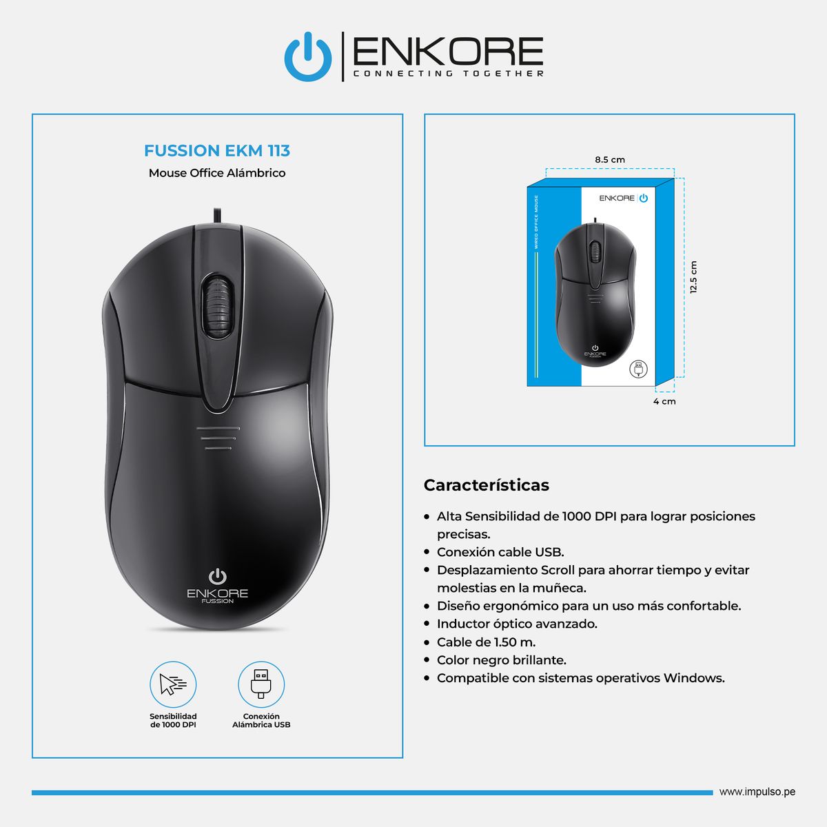 ENKORE - Mouse Oficina Alámbrico 1000DPI Negro Enkore Fussion EKM 113