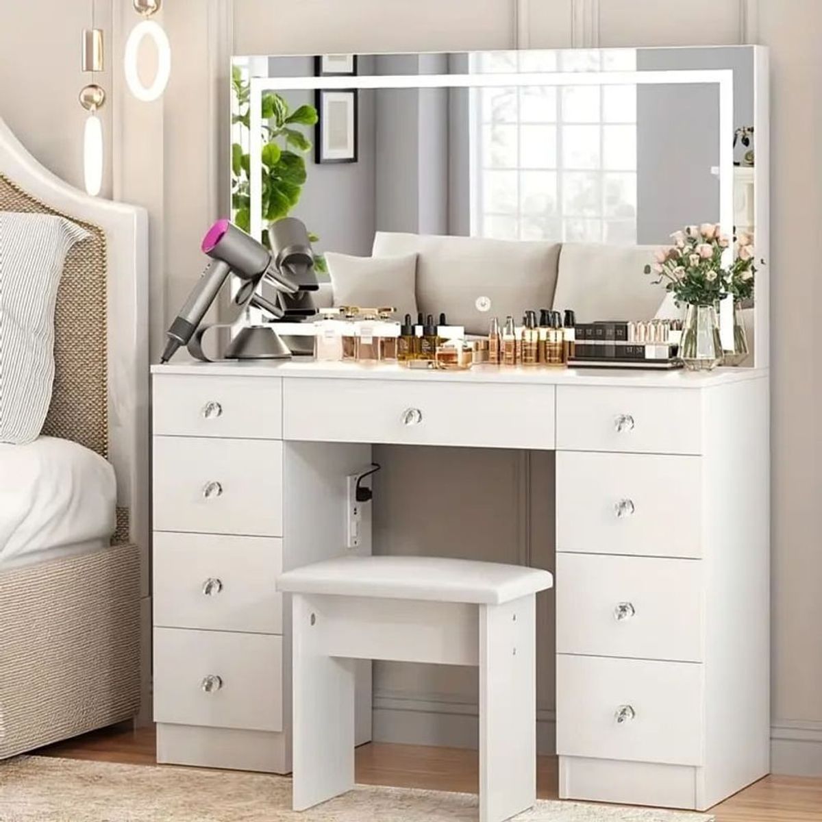 MUEBLES CRISOSTOMO - Tocador de Maquillaje con Espejo y Luces Blanco 110cm
