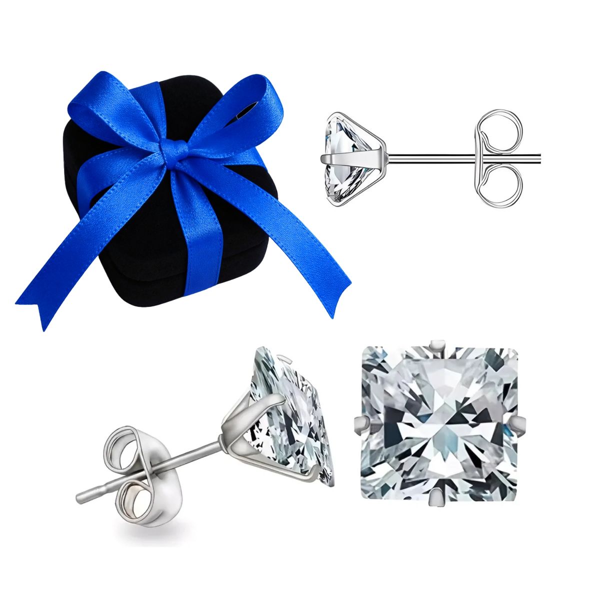 KARMY - Aretes Hombre Joya Plata 950 Zircón Cuadrado Blanco - 6mm