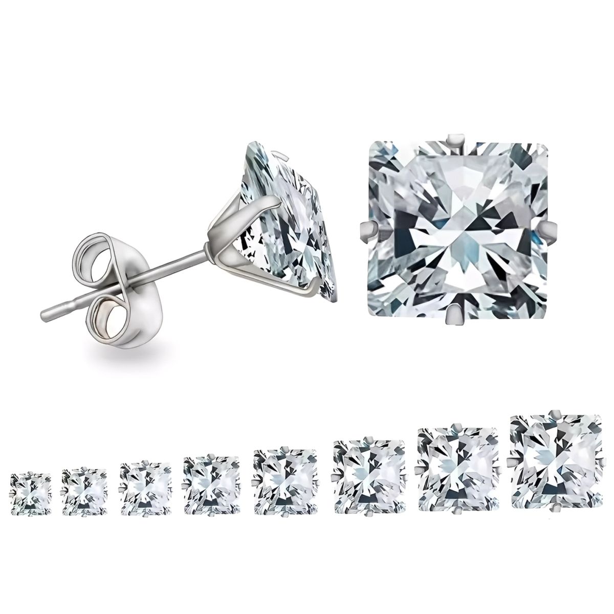 KARMY - Aretes Hombre Joya Plata 950 Zircón Cuadrado Blanco - 6mm