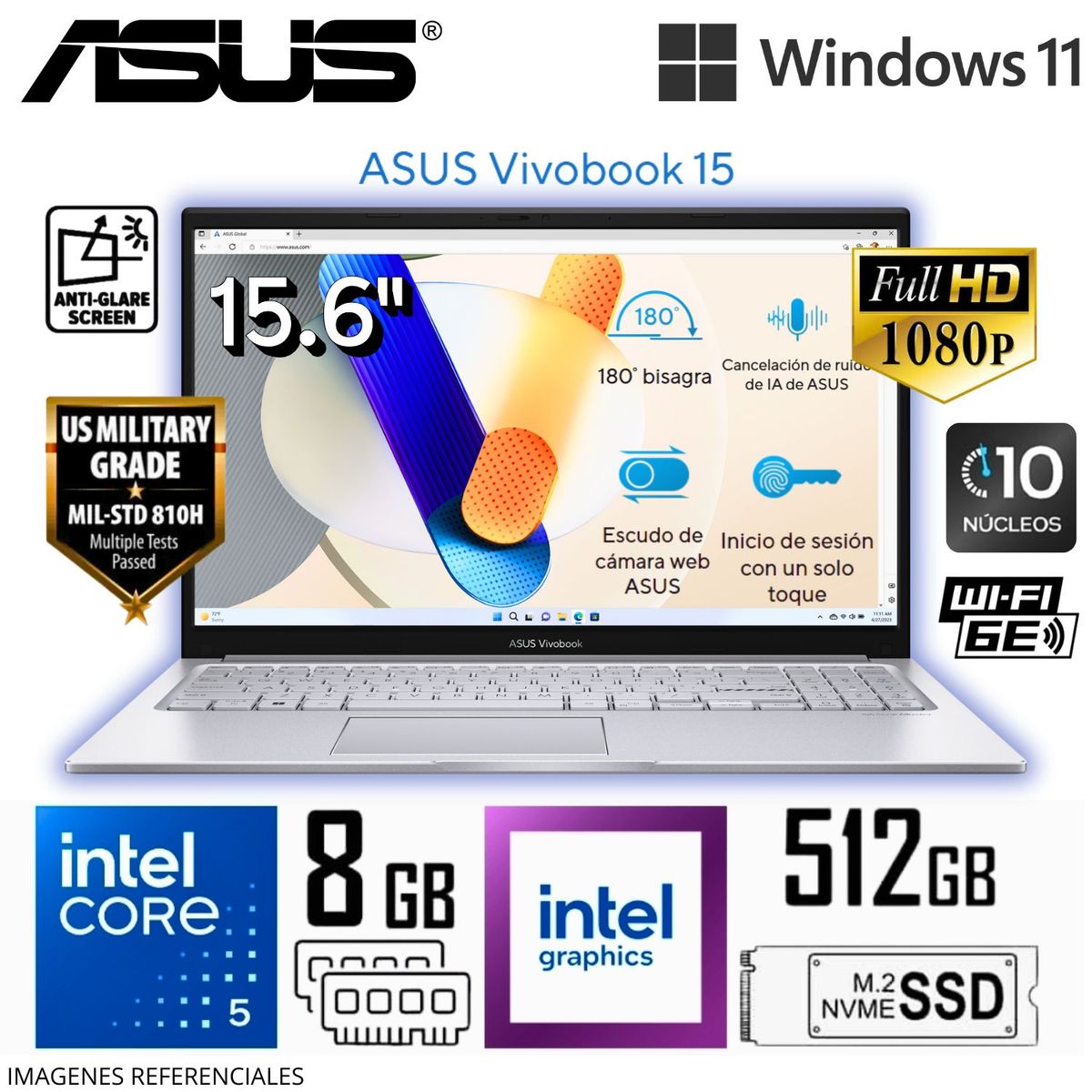 ASUS - Laptop Asus Vivobook 15 X1504VA-NJ686W Intel Core 5 120U 8GB RAM 512GB SSD 15.6"  FHD -  Silver