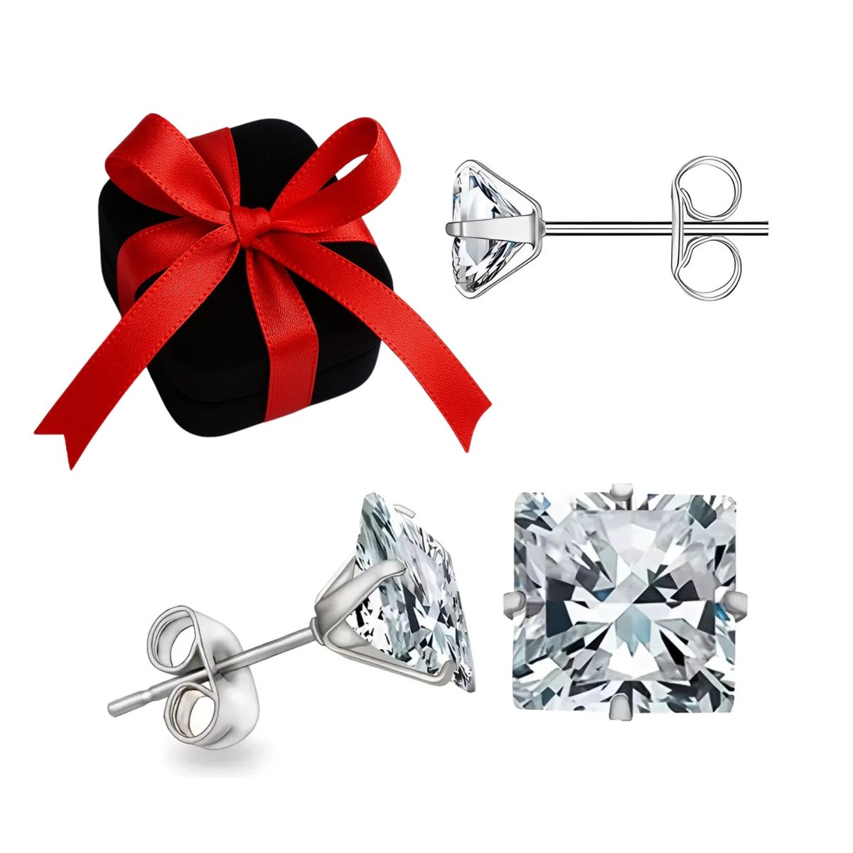 KARMY - Aretes Mujer Joya Plata 950 Zircón Cuadrado Blanco - 7mm