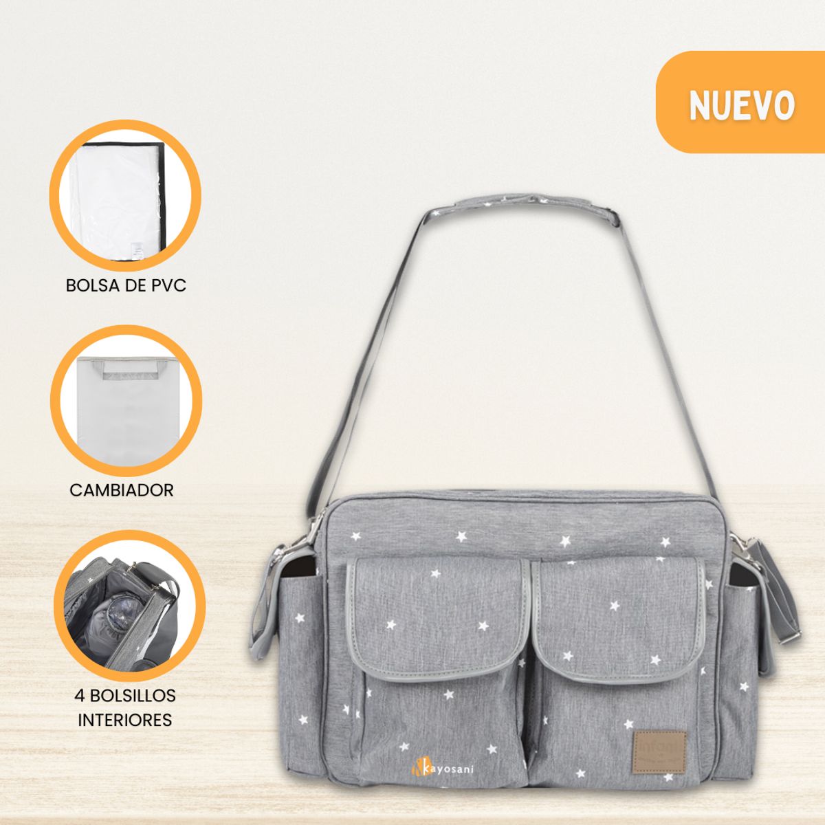INFANTI - Bolso Pañalera para Bebé «SOPHIE» Estrellas Gray