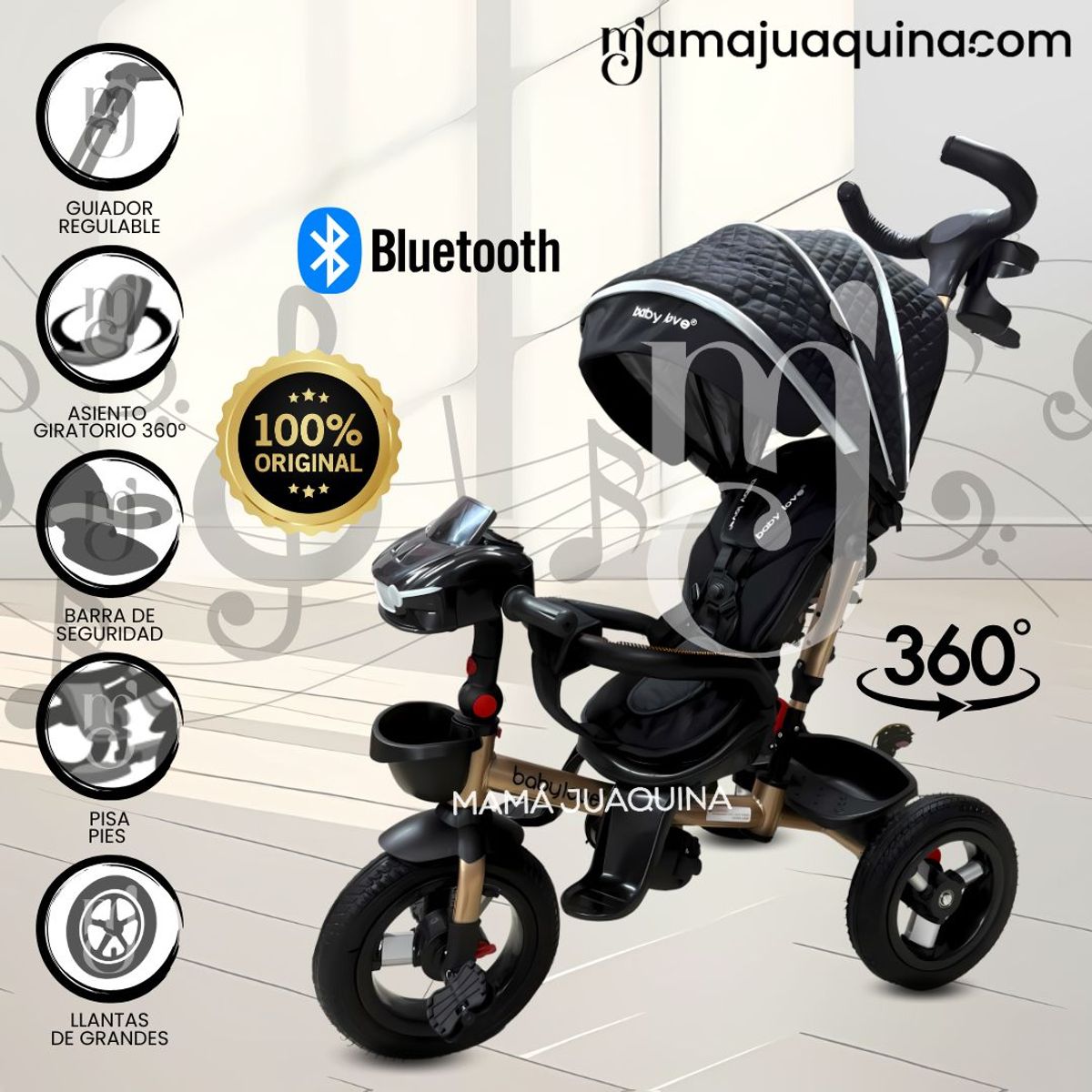 BABY - Triciclo Guiador Musical «JUAQUINA» con Bluetooth Black
