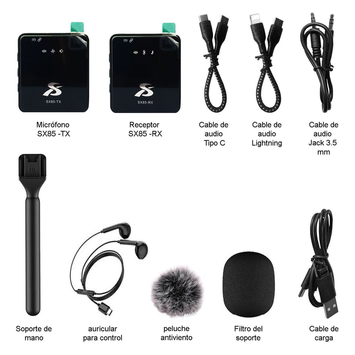 NANOTRON TECHNOLOGIES - Kit micrófono Inalámbrico 3 en 1 SX85 para grabación y soporte de mano