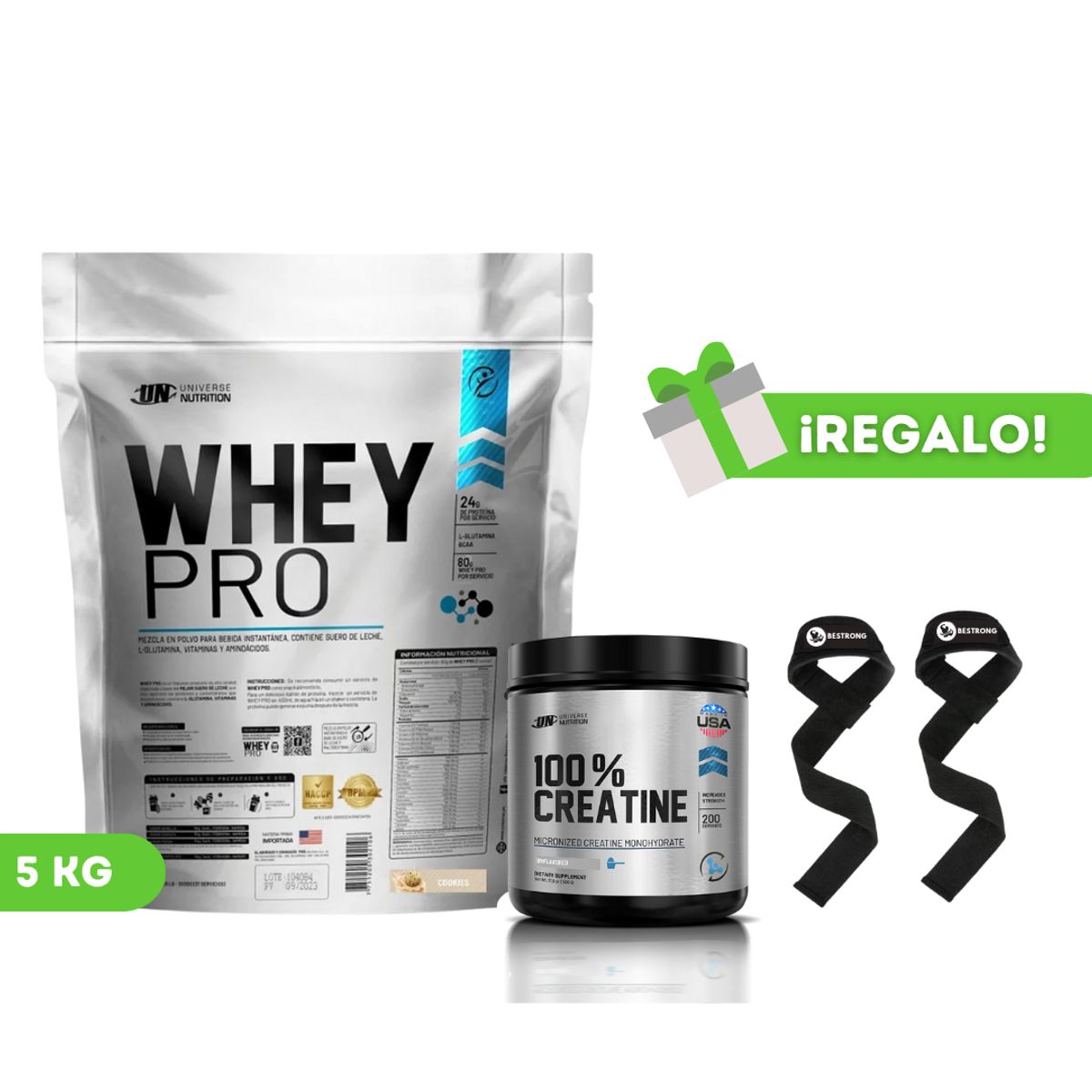 UNIVERSE NUTRITION - PACK PROTEÍNA WHEY PRO 5KG COOKIES + CREATINA UNIVERSE NUTRITION 250G + STRAPS