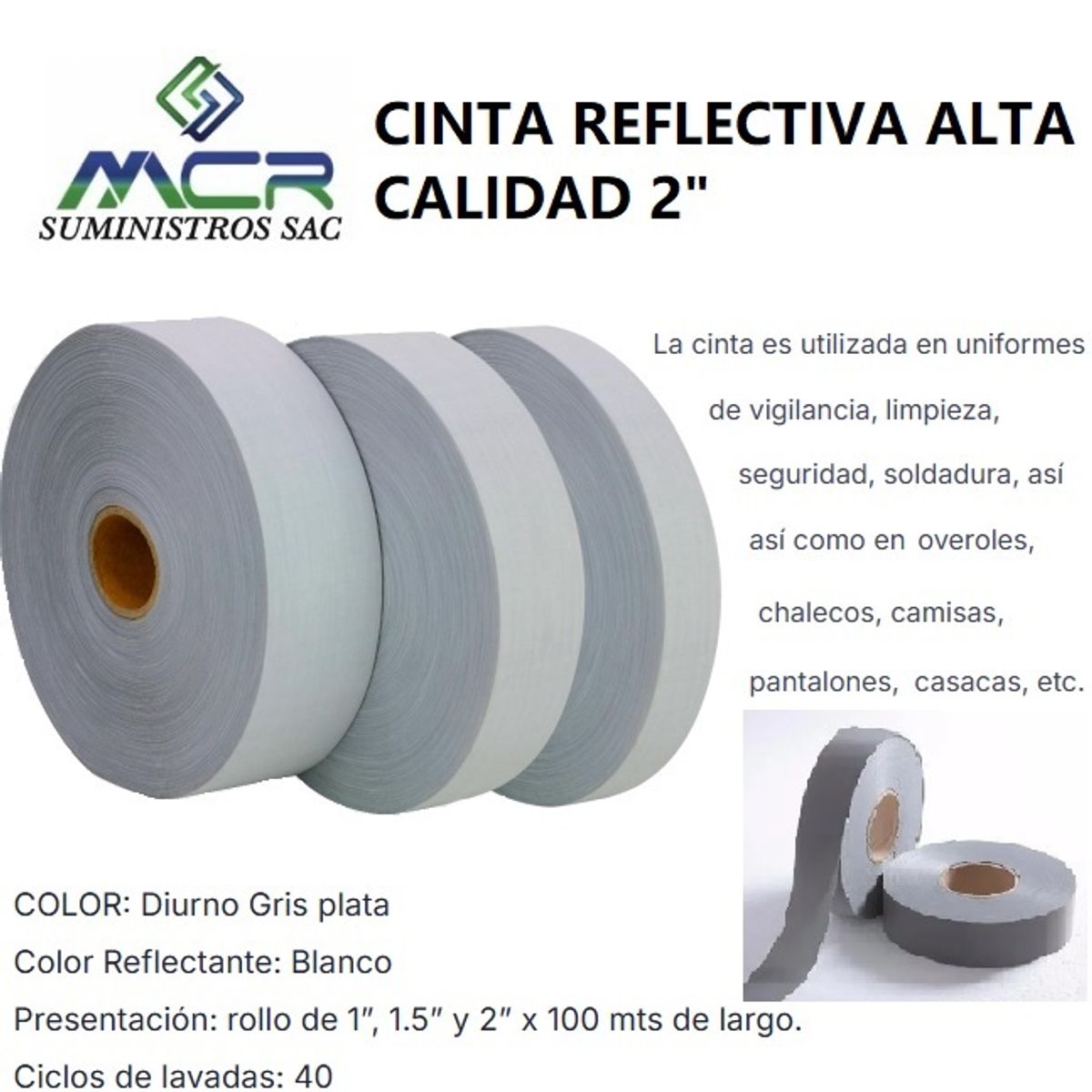 GENERICO - CINTA REFLECTIVA DE ALTA CALIDAD  PARA ROPA 2" o 5cm DE AMCHO X 100M