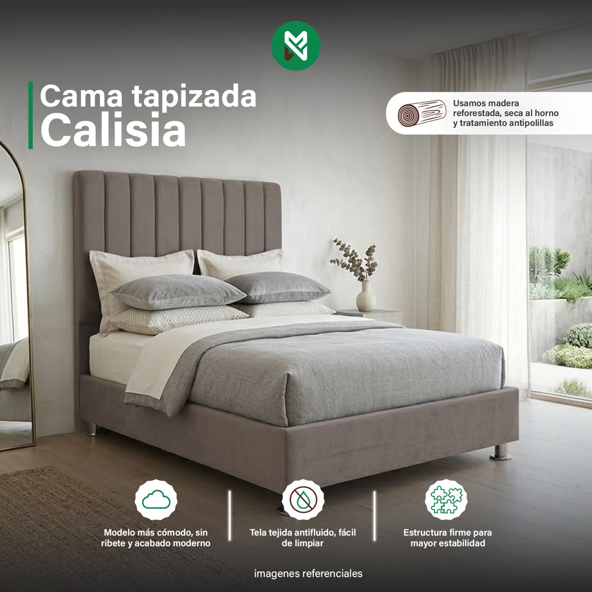MUEBLES MACRUMO - Combo Cama tapizada Calisia Beige oscuro-15 Pl+colchón semiortopédico