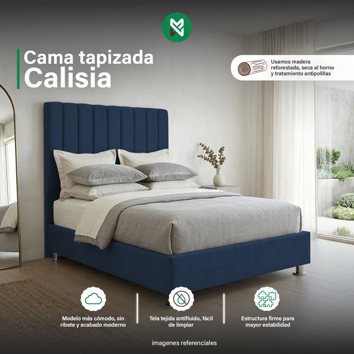 MUEBLES MACRUMO - Combo Cama tapizada Calisia Azul - 2 Plz + colchón semiortopédico
