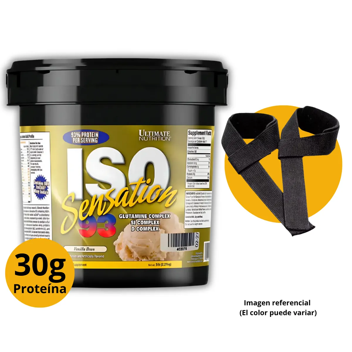 ULTIMATE NUTRITION - ISO SENSATION 93 5LB VAINILLA BEAN CON STRAPS - PROTEÍNA ISOLATADA