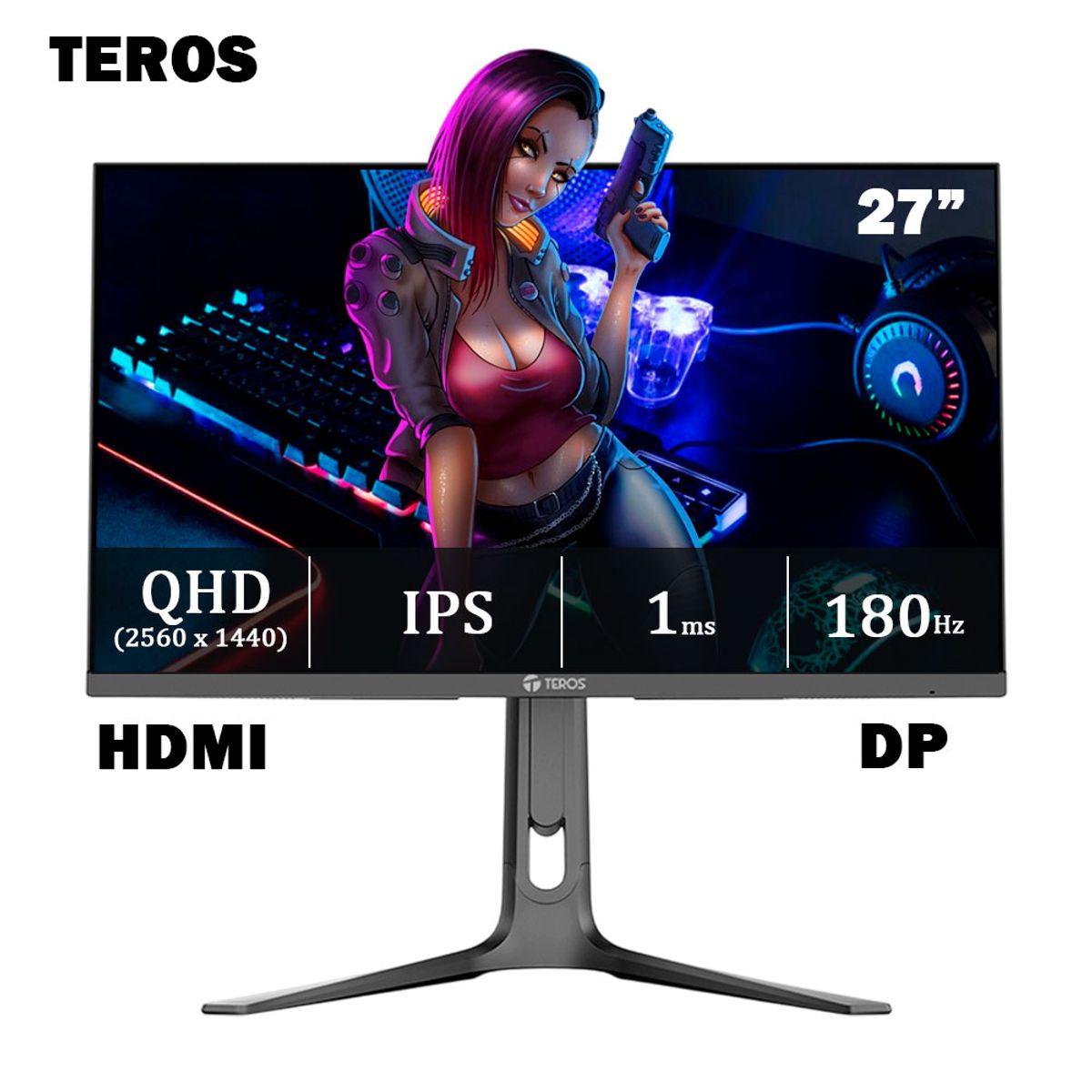 TEROS - Monitor plano gaming TEROS TE-2753G, 27" 2K QHD IPS, 180 Hz, 1 ms, HDMI, DP