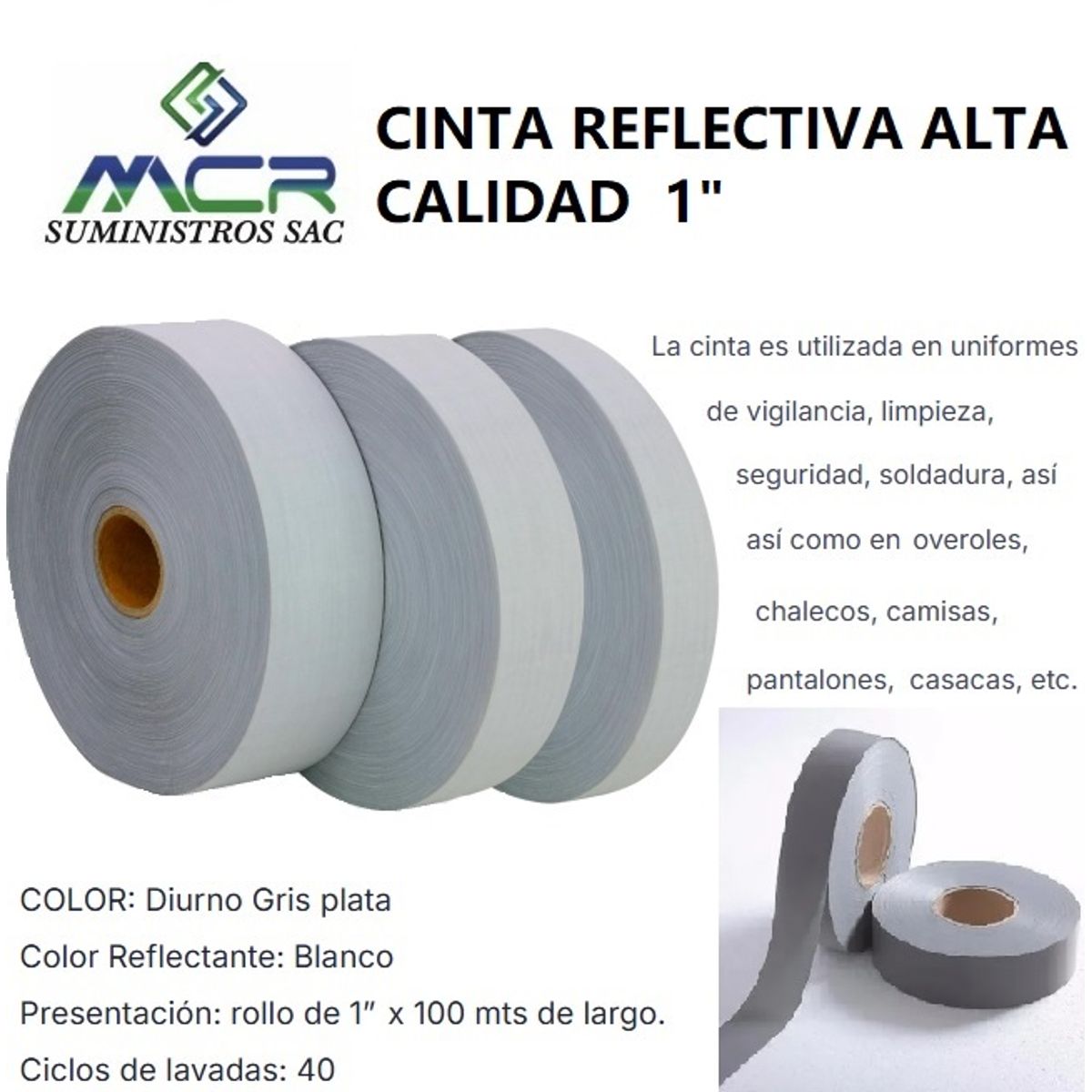 GENERICO - CINTA REFLECTIVA ALTA CALIDAD PARA LA ROPA DE 1 " o 2,54CM DE ANCHO X100M