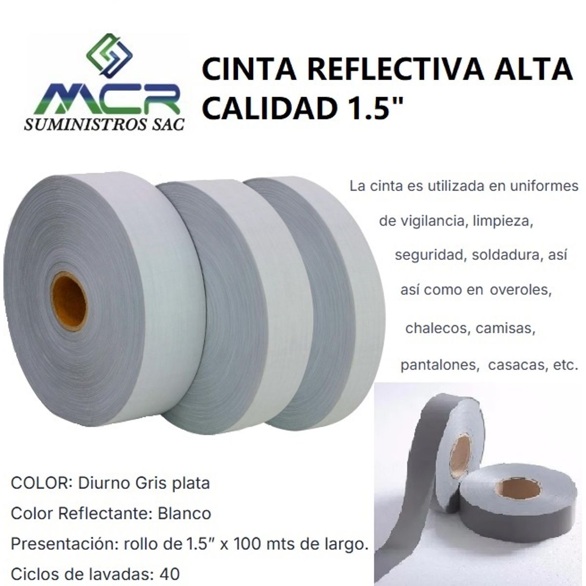 GENERICO - CINTA REFLECTIVA DE ALTA CALIDAD PARA ROPA 1 1/2" o 3.81CM DE ANCHO X100M