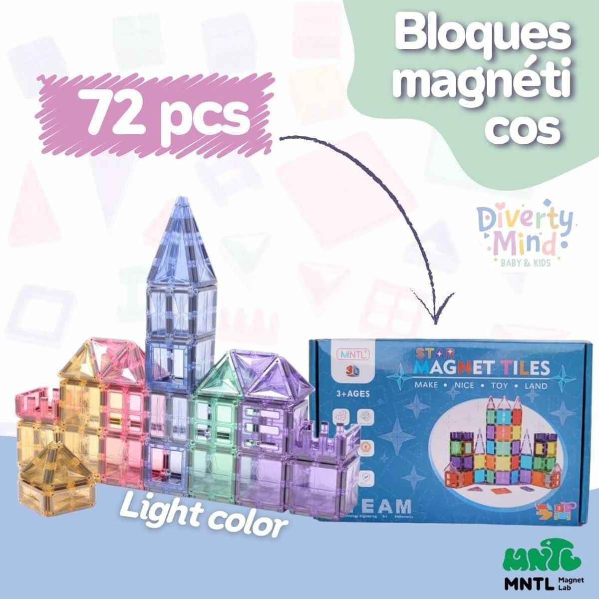 GENERICO - BLOQUES MAGNÉTICOS MNTL 72 PCS DISEÑO ESTRELLA COLOR PASTEL
