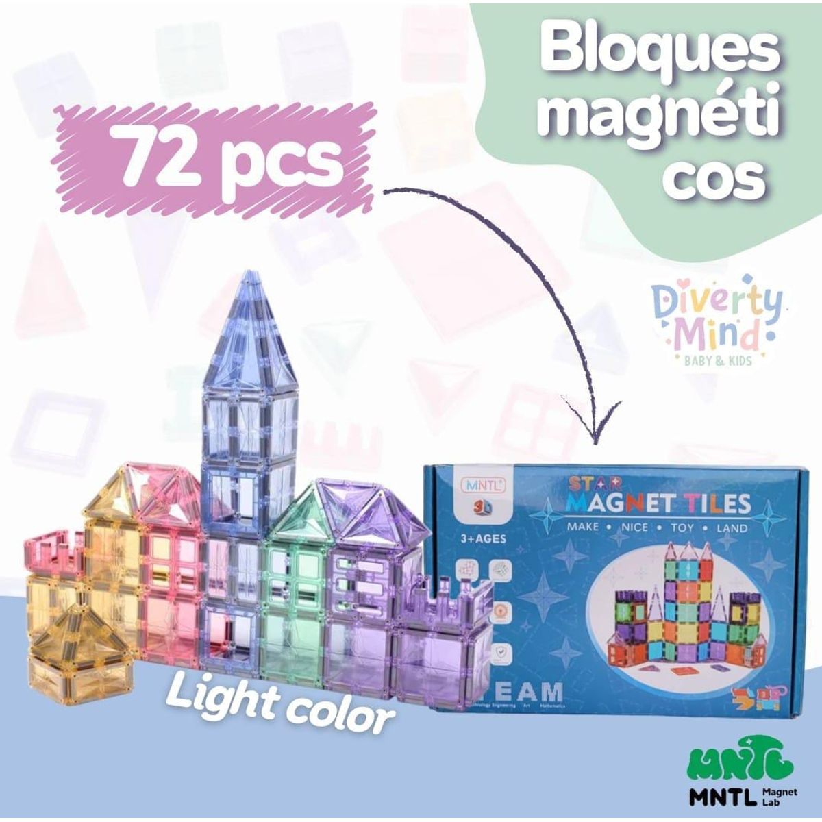 GENERICO - BLOQUES MAGNÉTICOS MNTL 72 PCS DISEÑO ESTRELLA COLOR PASTEL