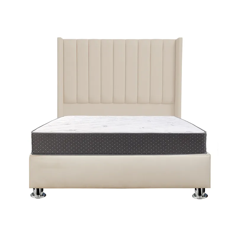 MUEBLES MACRUMO - Combo Cama tapizada Barcelona-15 P Beige claro+colchón semiortopédico