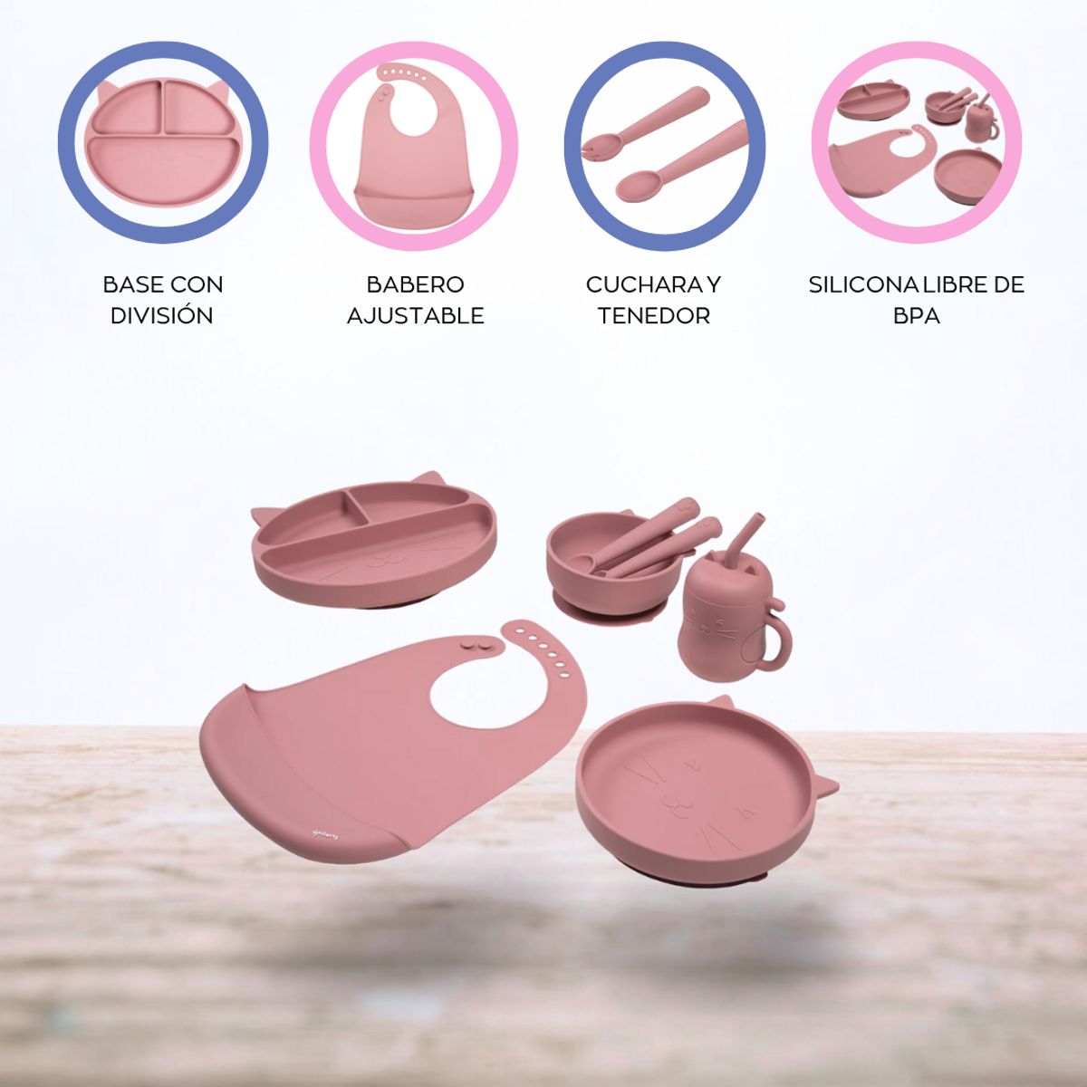 CARESTINO - Set de Alimentación de Silicona «GATITO» Rosa Malva