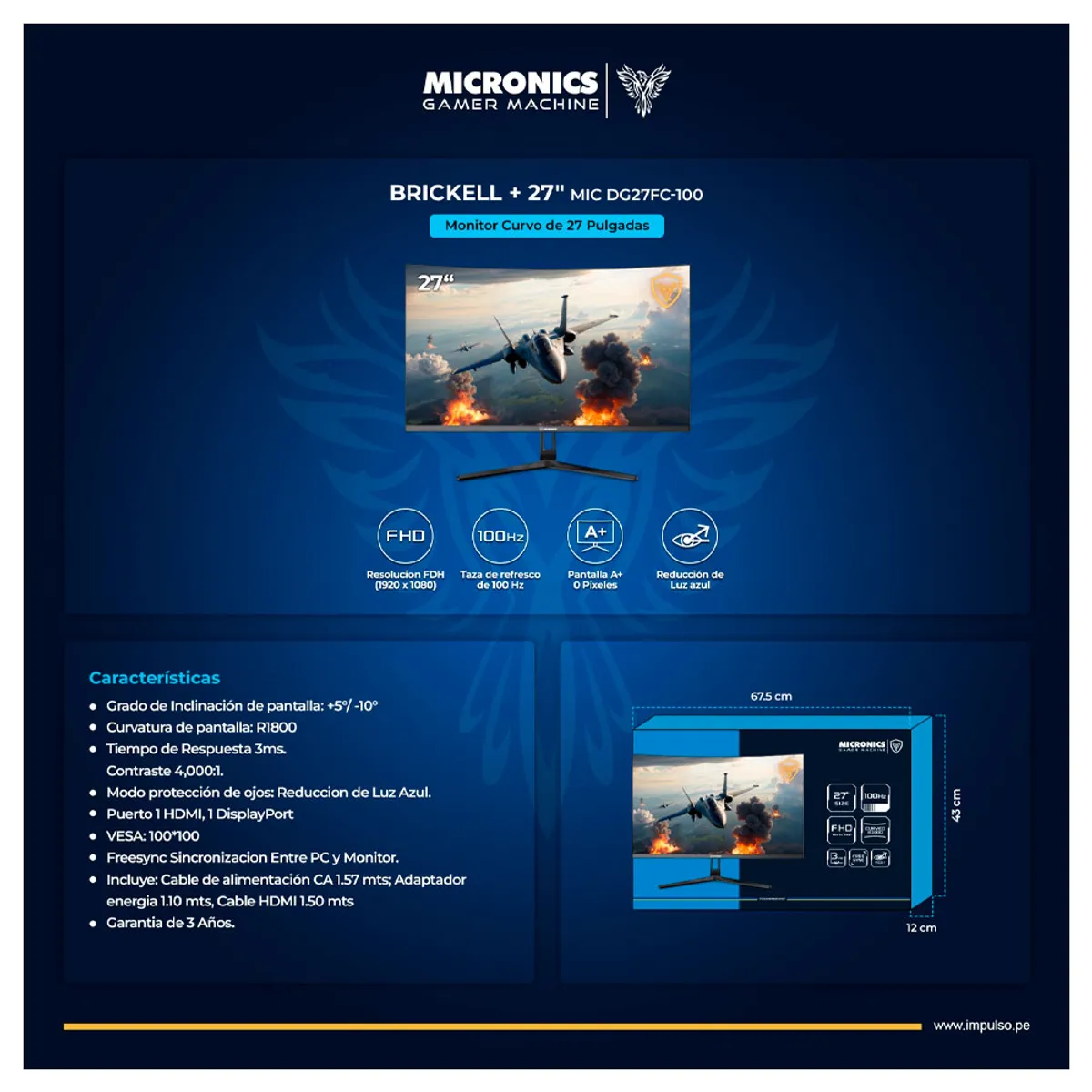 MICRONICS - MONITOR GAMER BRICKELL+ MIC DG27FC-100 27 FHD 1920x1080 CURVO 100Hz