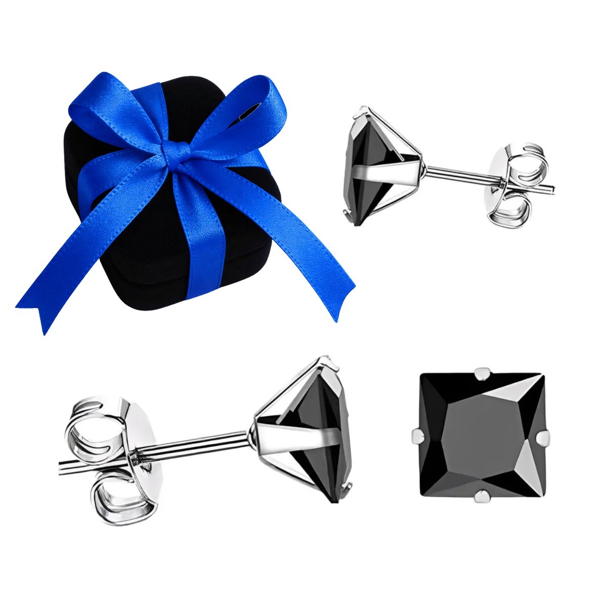 KARMY - Aretes Hombre Joya Plata 950 Zircón Cuadrado Negro - 4mm