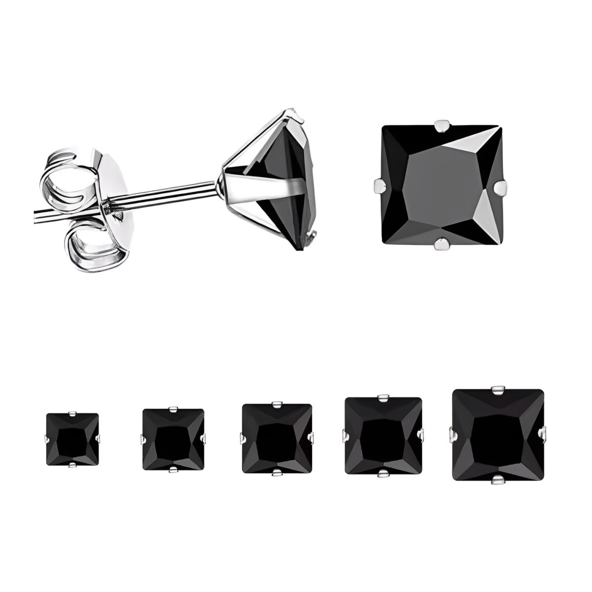 KARMY - Aretes Hombre Joya Plata 950 Zircón Cuadrado Negro - 4mm