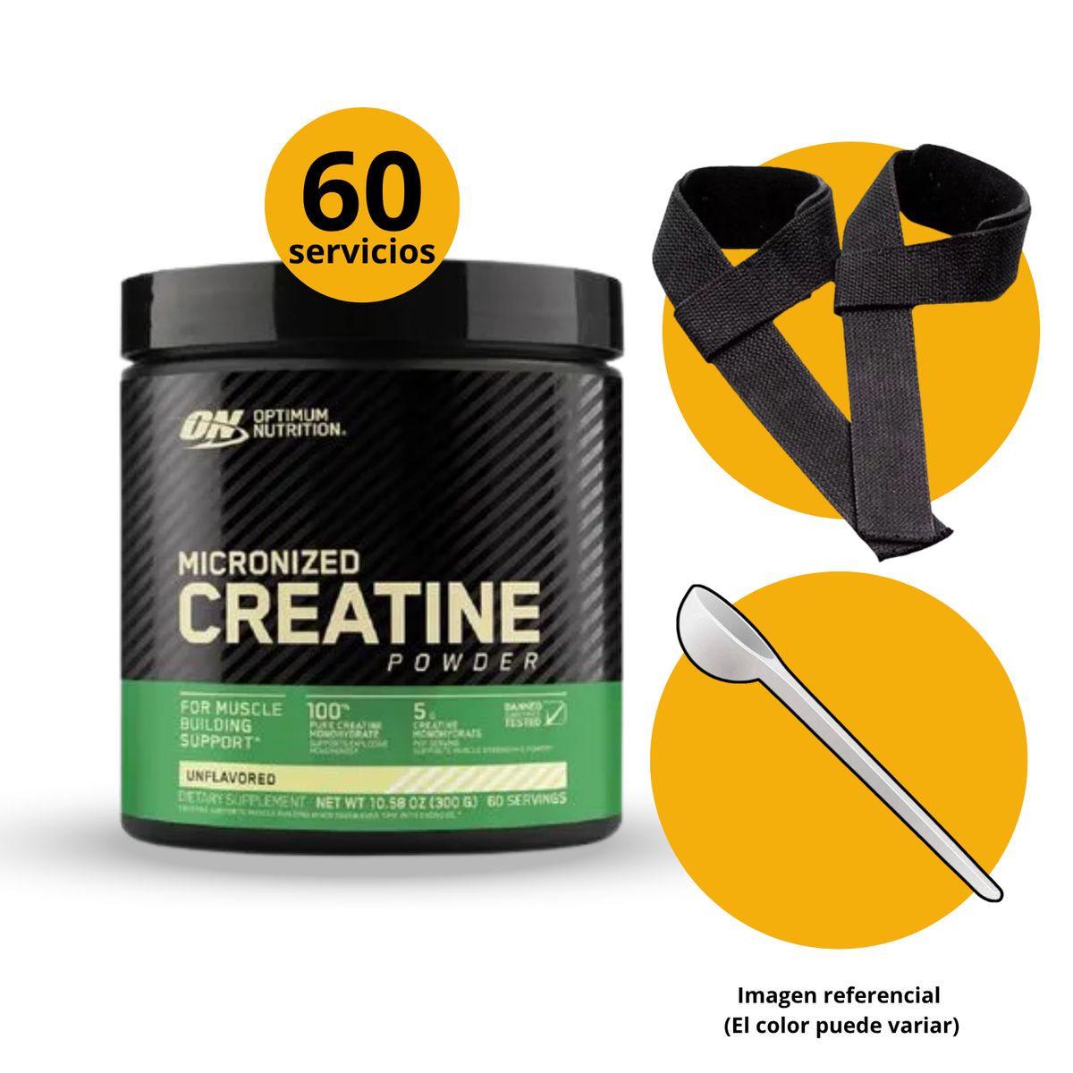 OPTIMUM NUTRITION - CREATINA OPTIMUM NUTRITION DE 300gr CON CUCHARA MEDIDORA Y STRAPS - CREATINA MONOHIDRATADA Y MICRONIZADA