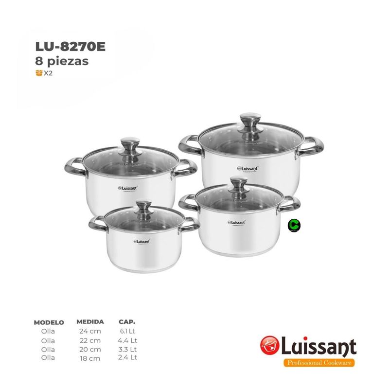 LUISSANT - Set de ollas LUISSANT Acero Inoxidable LU-8270E 08 Piezas